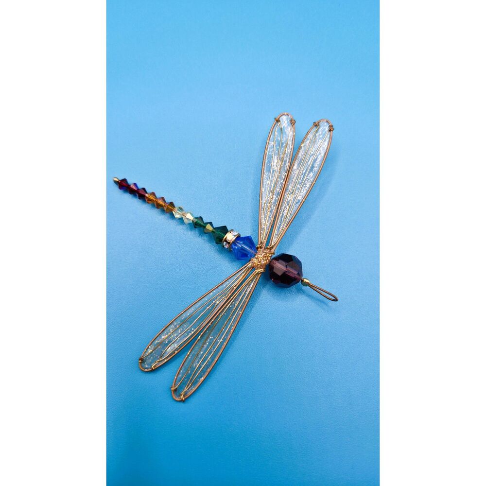 7 Chakra Swarovski Crystal Dragonfly Pendant Rainbow Suncatcher Gold Tone 3.5" - Picture 12 of 16